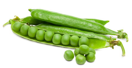 Fresh green pea pods with green peas isolated on white background. clipping path