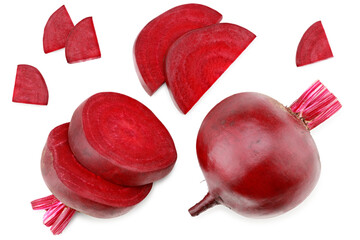 sliced beetroot isolated on white background. clipping path. top view