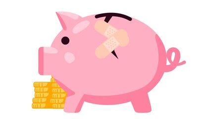 Broken piggy bank with money on white color background Money saving and bank business graphic design Economic repair concept Recover piggy bank Vector illustration