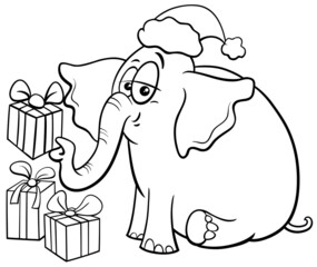 cartoon elephant on Christmas time coloring book page