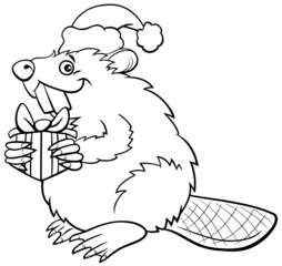 cartoon beaver on Christmas time coloring book page
