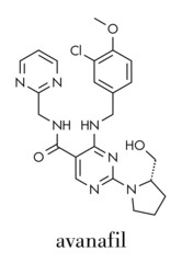 Avanafil erectile dysfunction drug molecule. PDE5 inhibitor used in treatment of impotence. Skeletal formula.