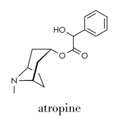 Atropine deadly nightshade (Atropa belladonna) alkaloid molecule. Medicinal drug and poison also found in Jimson weed (Datura stramonium) and mandrake (Mandragora officinarum). Skeletal formula.