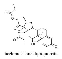 Beclometasone dipropionate glucocorticoid drug molecule. Prodrug of beclometasone. Used in prophylaxis of asthma and treatment of inflammatory skin diseases such as eczema. Skeletal formula.