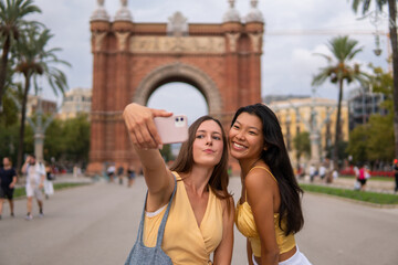 Travelling girlfriends taking selfie during sightseeing