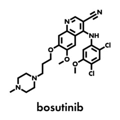 Bosutinib chronic myelogenous leukemia (CML) drug molecule. Tyrosine kinase inhibitor targeting Bcr-Abl and SRc family kinase. Skeletal formula.