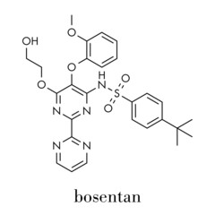 Bosentan pulmonary artery hypertension (PAH) drug molecule. Skeletal formula.