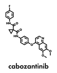 Cabozantinib cancer drug molecule. Inhibitor of c-Met and VEGFR2 tyrosine kinases, used in treatment of medullary thyroid cancer. Skeletal formula.