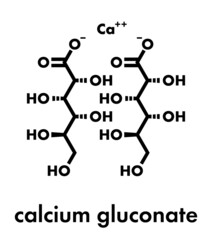 Calcium gluconate drug. Soluble form of Ca, used to treat magnesium overdose, hypocalcemia and hydrofluoric acid (HF) burns. Skeletal formula.