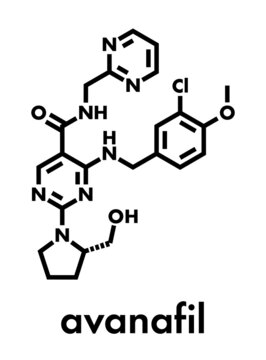 Avanafil erectile dysfunction drug molecule. PDE5 inhibitor used in treatment of impotence. Skeletal formula.