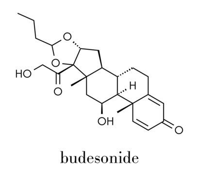 Budesonide corticosteroid drug. Used in treatment of COPD, asthma, ulcerative colitis, hay fever, Crohn's disease, etc. Skeletal formula.