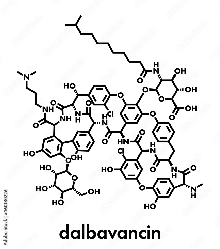 Poster Dalbavancin glycopeptide antibiotic drug molecule. Used in treatment Staphylococcus aureus and Streptococcus pyogenes infections. Skeletal formula.