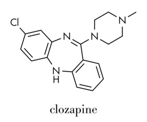 Clozapine atypical antipsychotic drug molecule. Neuroleptic medicine used in treatment of schizophrenia. Skeletal formula.