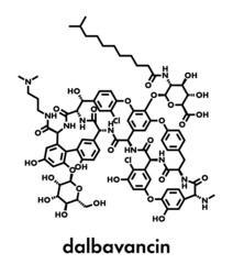 Dalbavancin glycopeptide antibiotic drug molecule. Used in treatment Staphylococcus aureus and Streptococcus pyogenes infections. Skeletal formula.