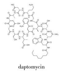 Daptomycin antibiotic drug molecule. Skeletal formula.