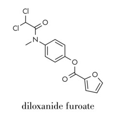 Diloxanide furoate amoebiasis drug molecule. Used in treatment of Entamoeba histolytica infections. Skeletal formula.