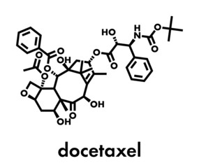 Docetaxel cancer chemotherapy drug molecule. Taxane class drug used in treatment of breast, prostate, lung and ovarian cancer (etc.) Skeletal formula.