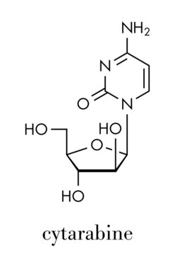 Cytarabine (cytosine arabinoside, Ara-C) chemotherapy drug molecule. Used in treatment of acute myeloid leukemia (AML), acute lymphocytic leukemia (ALL) and lymphoma. Skeletal formula.