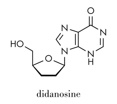 Didanosine (2&prime;,3&prime;-dideoxyinosine, ddI) HIV drug molecule. Skeletal formula.
