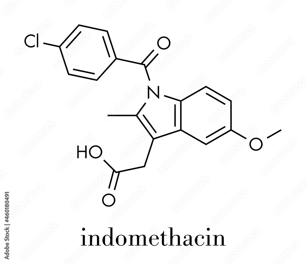 Poster indomethacin (indometacin) non-steroidal anti-inflammatory drug (nsaid) molecule. skeletal formula.