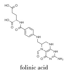 Folinic acid (leucovorin) drug molecule. Used as adjuvant during cancer chemotherapy with methotrexate. Skeletal formula.