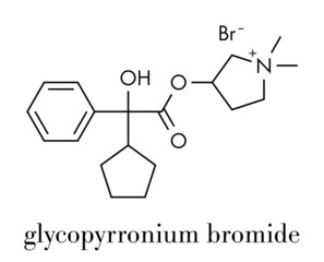 Glycopyrronium bromide (glycopyrrolate) COPD drug molecule. Has additional medical uses as well. Skeletal formula. - obrazy, fototapety, plakaty