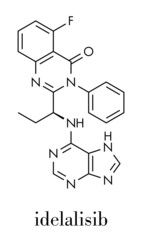 Idelalisib leukemia drug molecule. Inhibitor of phosphoinositide 3-kinase (PI3K). Skeletal formula.