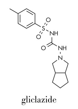 Gliclazide diabetes drug molecule. Sulfonylurea class anti-diabetic agent. Skeletal formula.