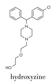 Hydroxyzine antihistamine drug. Used include treatment of itching, anxiety and motion sickness. Skeletal formula.