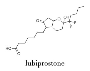 Lubiprostone chronic constipation drug molecule. Skeletal formula.