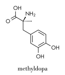 Fototapeta na wymiar Methyldopa high blood pressure (hypertension) drug molecule. Skeletal formula.