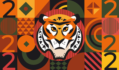 2022 New Year greeting card on geometric background with square triangular and round shapes and tiger face with numbers. Template design for banners,flyers,invitations, congratulations,posters.Vector.