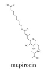 Obraz premium Mupirocin (pseudomonic acid) antibiotic drug molecule. Used topically against gram-positive bacteria. Skeletal formula.