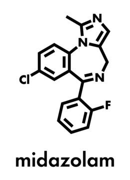 Midazolam benzodiazepine drug molecule. Has sedative, anxiolytic, amnestic, hypnotic, anticonvulsant, etc properties. Skeletal formula.