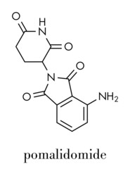 Pomalidomide multiple myeloma drug molecule. Related to thalidomide. Skeletal formula.