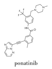 Ponatinib cancer drug molecule. Tyrosine kinase inhibitor used in treatment of chronic myeloid leukemia (CML) and acute lymphoblastic leukemia (ALL). Skeletal formula.