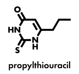 Propylthiouracil (PTU) hyperthyroidism drug molecule. Skeletal formula.