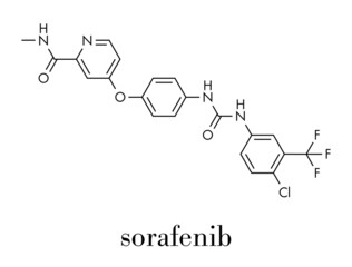Sorafenib cancer drug molecule. Tyrosine kinase inhibitor (TKI). Skeletal formula.