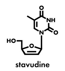 Stavudine (d4T) HIV drug molecule. Thymidine analog that blocks reverse-transcriptase. Skeletal formula.
