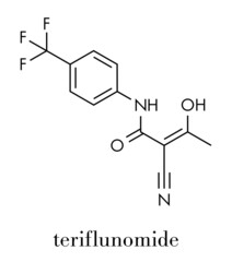 Teriflunomide multiple sclerosis (MS) drug molecule. Skeletal formula.