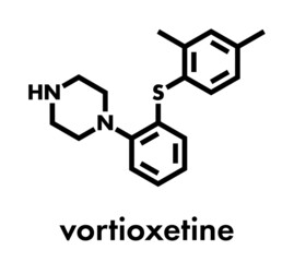 Vortioxetine antidepressant drug molecule. Skeletal formula.