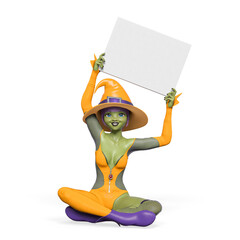 witch girl is smiling and is also sitting holding a sign