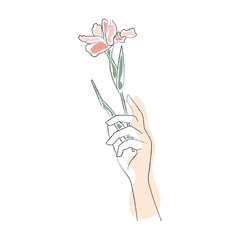 Minimalistic hand with flower. Line art vector illustration. Outline hand drawing. Pastel colors, yellow, pink, green.