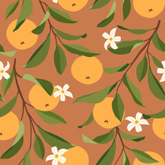 Seamless pattern with oranges. Trendy summer background. Vector bright print for fabric or wallpaper.