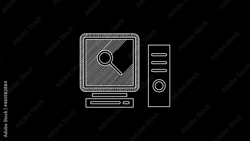 Poster white line search on computer screen icon isolated on black background. screen and magnifying glass.