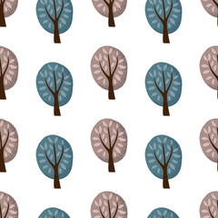 Fototapeta na wymiar Stylized illustration - blue and lilac trees in a park or forest. Seamless vector background, elements on a dark blue background.Simple style, minimalism. For children, children's clothing, for fabric