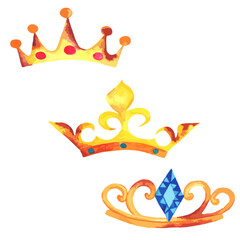 Obraz premium set of gold crown with rust. Watercolor of the crown of monarchy with blue ornaments and curlicues