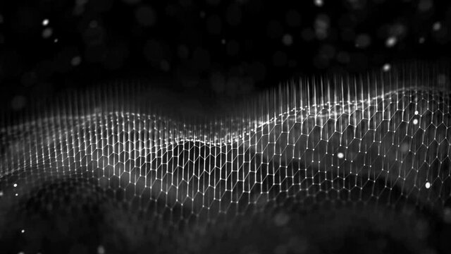 Network connection concept black seamless loop. Futuristic hexagon perspective wide angle lanscape. Futuristic honeycomb concept. Big data digital background.