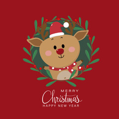 Cute deer, reindeer with wreath in winter costume. Merry Christmas and happy new year greeting card.  Animal holidays cartoon character set.