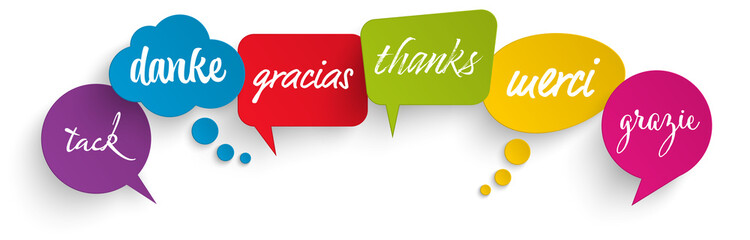 speech bubbles with text thanks in different languages